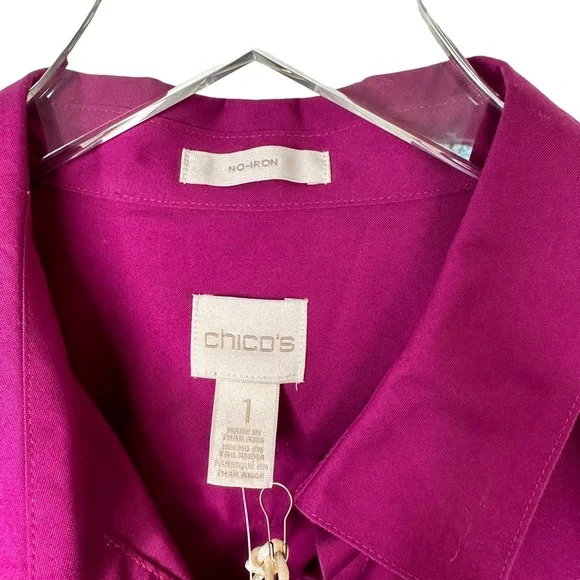 NWT Chico’s No Iron Sateen Purple Fuchsia Berry Marie Button Down Size 1/Small - Picture 5 of 9